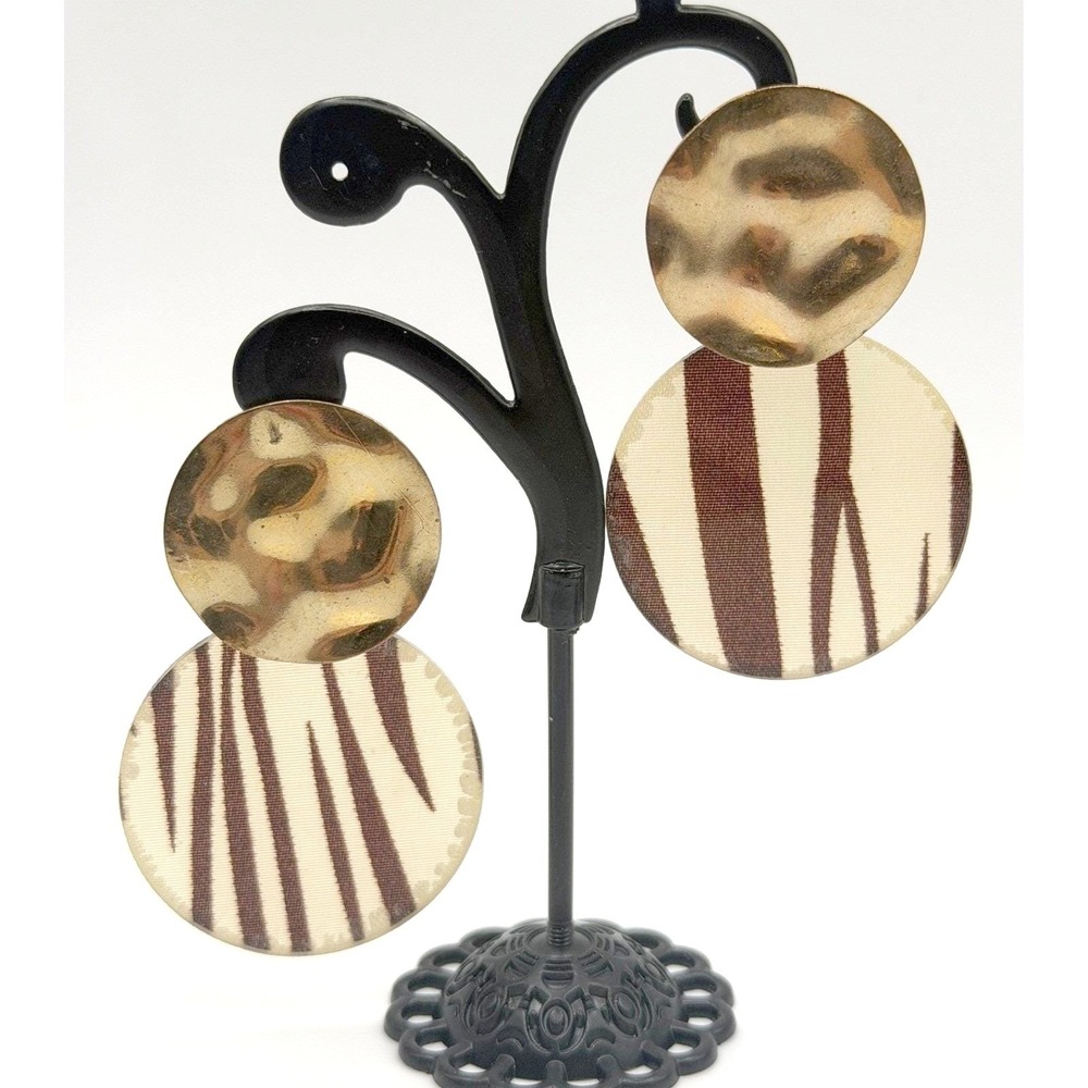 Gold Hammered Disc & Animal Print Dangle Earrings 2.25"
